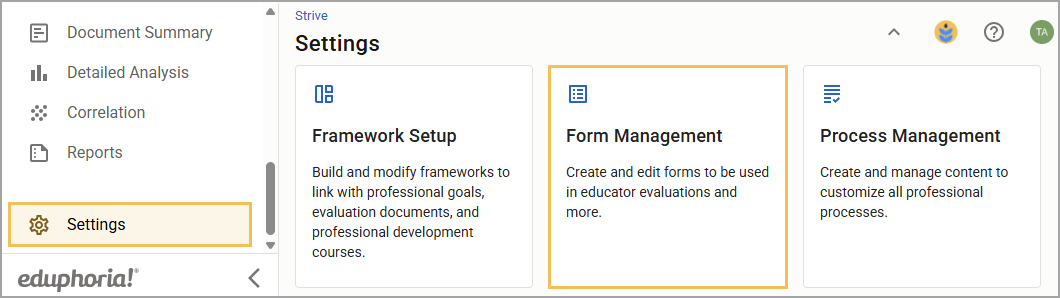 Settings menu displaying options for Framework Setup, Form Management, and Process Management.
